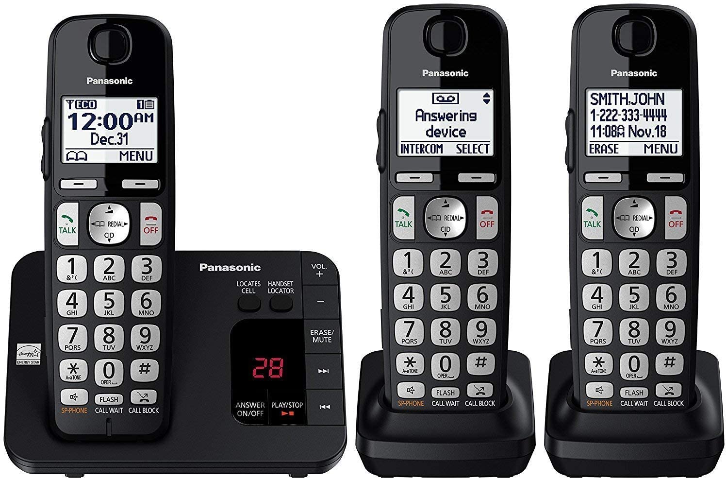 Panasonic DECT 6.0 Expandable Cordless Phone System with Answering Machine and Call Blocking - 3 Handsets - KX-TGE433B (Black) Panasonic DECT 6.0 Expandable Cordless Phone System with Answering Machine and Call Blocking - 3 Handsets - KX-TGE433B (Black)